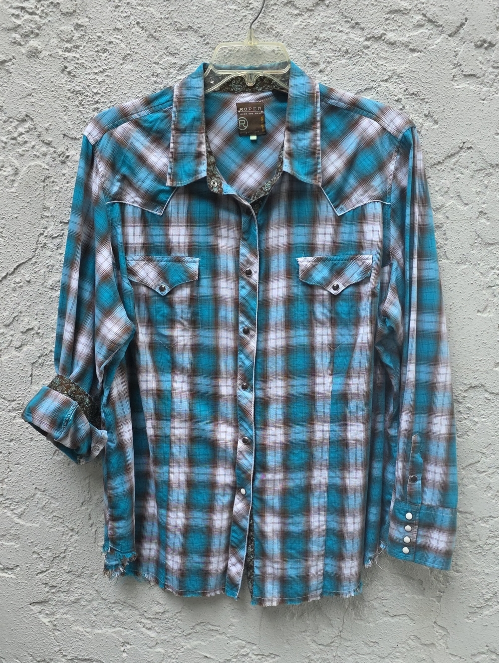 Roper Teal Brown White Plaid Pearl Snap Long Sleeve Western Shirt Size 3X